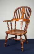 NINETEENTH CENTURY ELM AND FRUITWOOD CHILD?S HIGH BACK WINDSOR ARMCHAIR, of typical form with two