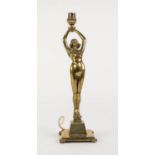 ART DECO BANKSWAY BRASS FIGURAL TABLE LAMP BASE, modelled as a standing naked female with both hands