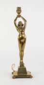 ART DECO BANKSWAY BRASS FIGURAL TABLE LAMP BASE, modelled as a standing naked female with both hands