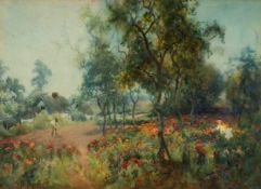 SAMUEL TOWERS (1862-1943)  WATERCOLOUR DRAWING  Man digging, two girls picking flowers in a copse,