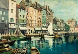 CLIFF HARLAND  OIL PAINTING ON BOARD  'Honfleur' harbour scene  signed lower right  16 1/2" x 24" (