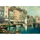 CLIFF HARLAND  OIL PAINTING ON BOARD  'Honfleur' harbour scene  signed lower right  16 1/2" x 24" (