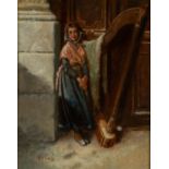 WILLIAM F. HARDY SENIOR (1854-1935)  OIL PAINTING ON BOARD  A young woman standing beside her harp
