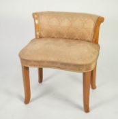 STYLISH ART DECO BLEACHED BURR WALNUT DRESSING TABLE STOOL, the scroll back set above a shaped seat,