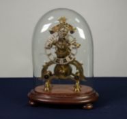 NINETEENTH CENTURY BRASS SKELETON CLOCK, the 4? silvered Roman dial powered by a single fuse