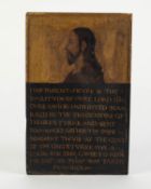 AFTER THE ORIGINAL, RELIGIOUS OIL PAINTING AND INSCRIPTION ON ANTIQUE OAK OBLONG PANEL, depicting