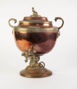 REGENCY COPPER AND BRASS TWO HANDLED PEDESTAL TEA URN, of oval form with sphinx finial, open