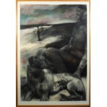 KATE DAVIES (1987 - 2021) MIXED MEDIA ON PAPER Figure with dog Unsigned 43? x 29 ½? (109.2cm x 74.