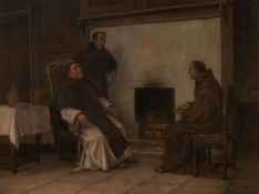 TWENTIETH/TWENTY FIRST CENTURY  OIL PAINTING ON PANEL An interior with three monks in