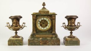 EDWARDIAN GILT METAL MOUNTED GREEN ONYX THREE PIECE PRESENTATION CLOCK GARNITURE, RETAILED BY JOHN