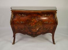 JENNER?S, EDINBURGH MARQUETRY INLAID AND FLORAL PAINTED BOMBE SHAPED COMMODE OF SERPENTINE