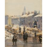EDITH MABEL LIPSCOMBE GOUACHE DRAWING  City street scene with figures and melting snow  signed lower