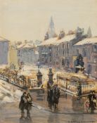 EDITH MABEL LIPSCOMBE GOUACHE DRAWING  City street scene with figures and melting snow  signed lower