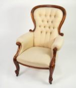 VICTORIAN CARVED WALNUT EASY ARMCHAIR, the deep buttoned and waisted back with moulded outline,