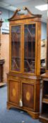 SHERATON STYLE INLAID AND FIGURED MAHOGANY FLOOR STANDING DOUBLE CORNER CUPBOARD, the upper