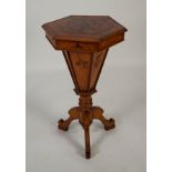 VICTORIAN INLAID OAK SEWING TABLE, the hinged octagonal top with central floral inlay, enclosing a