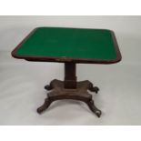 NINETEENTH CENTURY FIGURED MAHOGANY PEDESTAL CARD TABLE, the flame cut fold- over and swivel top,