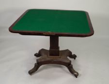 NINETEENTH CENTURY FIGURED MAHOGANY PEDESTAL CARD TABLE, the flame cut fold- over and swivel top,