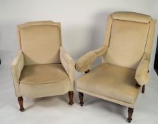 NINETEENTH CENTURY STAINED BEECH EASY OPEN ARMCHAIR, the sectioned upholstery covering the entire