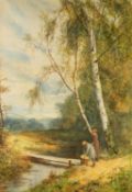 FREDERICK HINES (1875-1928) WATERCOLOUR  Two children gathering flowers beside birch trees  and a