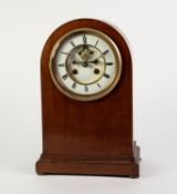 EDWARDIAN LINE INLAID MAHOGANY MANTLE CLOCK, the 5? two part enamelled Roman dial with visible