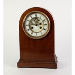 EDWARDIAN LINE INLAID MAHOGANY MANTLE CLOCK, the 5? two part enamelled Roman dial with visible