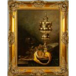 ANDREAS GYULA BUBARNIK  PAIR OF OIL PAINTINGS ON PANELS  Still life with silver lidded goblet,  wine