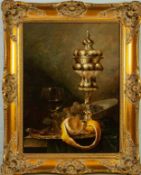 ANDREAS GYULA BUBARNIK  PAIR OF OIL PAINTINGS ON PANELS  Still life with silver lidded goblet,  wine