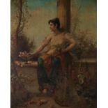 EVA FOUREY  OIL PAINTING ON CANVAS  Classical female figure seated in a balcony wall  signed  30"
