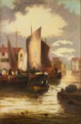 J. CLAYTON (Nineteenth Century)  OIL PAINTING ON RELINED CANVAS  A riverside town with fishing boats