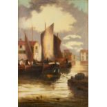 J. CLAYTON (Nineteenth Century)  OIL PAINTING ON RELINED CANVAS  A riverside town with fishing boats