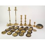 PAIR OF ANTIQUE BRASS EJECTOR CANDLESTICKS, with square bases, 9 ½? (24.1c) high, together with a