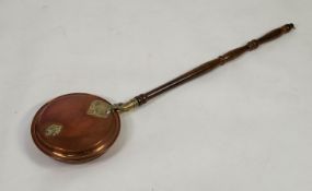 COPPER AND BRASS BED WARMING PAN with turned wood long handle