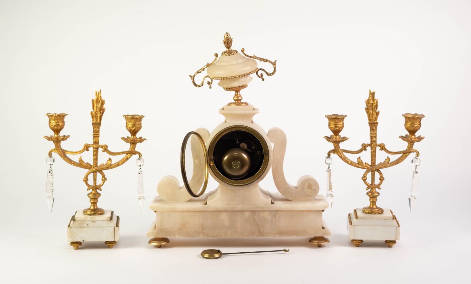 LATE NINETEENTH CENTURY FRENCH GILT METAL MOUNTED WHITE ALABASTER MATCHED THREE PIECE CLOCK - Image 2 of 2