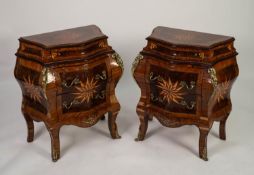 MODERN PAIR OF LOUIS XV STYLE INLAID, CROSSBANDED AND GILT METAL MOUNTED FIGURED WALNUT AND KINGWOOD
