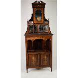 EDWARDIAN INLAID ROSEWOOD FLOOR STANDING CORNER CABINET the swan neck pediment above a cupb