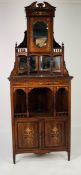 EDWARDIAN INLAID ROSEWOOD FLOOR STANDING CORNER CABINET the swan neck pediment above a cupb