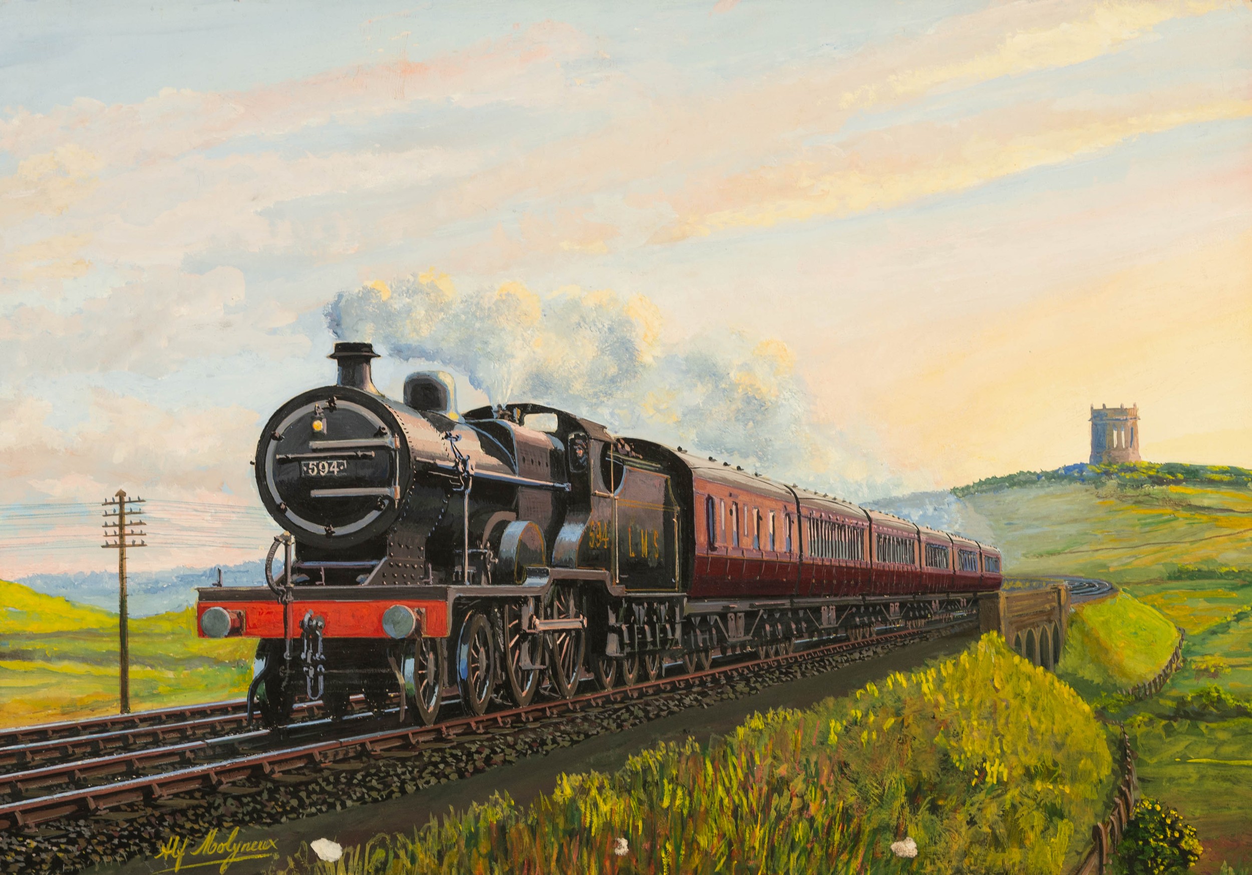 ALF MOLYNEUX  WATERCOLOUR DRAWING ON BOARD  L.M.S. '594' tank engine pulling six passenger coaches