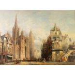 HENRY SCHAFER (1833-1916)  OIL ON RELINED CANVAS  'EVREUX', town square with cathedral and