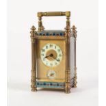 LATE NINETEENTH CENTURY GILT BRASS AND CHAMPLEVÉ OUTLINED CARRIAGE CLOCK WITH ALARM, the two