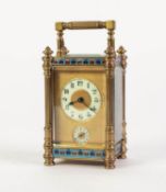 LATE NINETEENTH CENTURY GILT BRASS AND CHAMPLEVÉ OUTLINED CARRIAGE CLOCK WITH ALARM, the two