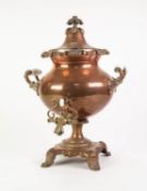 EARLY TWENTIETH CENTURY EMBOSSED COPPER PEDESTAL TEA URN, with foliate finial, white pot handles and