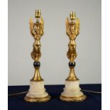 PAIR OF CARVED WHITE ALABASTER AND GILT METAL FIGURAL TABLE LAMPS, each modelled as a winged angel