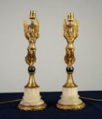 PAIR OF CARVED WHITE ALABASTER AND GILT METAL FIGURAL TABLE LAMPS, each modelled as a winged angel