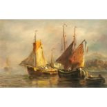 INITIALLED CT (19th Century) OIL PAINTING Two becalmed French fishing boats with rowing boat in