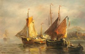 INITIALLED CT (19th Century) OIL PAINTING Two becalmed French fishing boats with rowing boat in