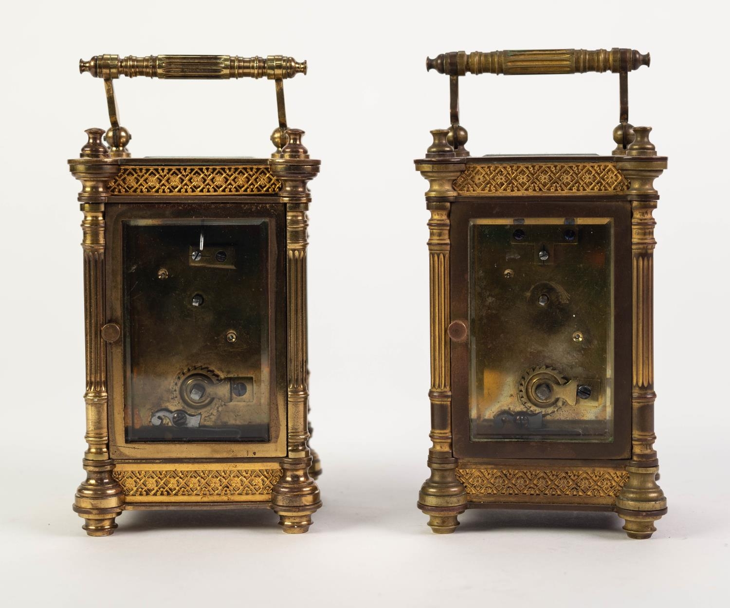 EARLY TWENTIETH CENTURY PAIR OF GILT BRASS CARRIAGE CLOCKS, each with white enamelled Roman dial, - Image 2 of 3