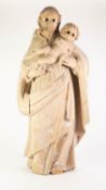 ANTIQUE CARVED SOFTWOOD FLAT BACK RELIGIOUS GROUP OF SAINT JOSEPH HOLDING THE BABY JESUS, with
