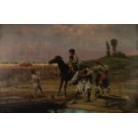 O.F. TONIN  OIL PAINTING ON CANVAS  European landscape with a family, two adults and three
