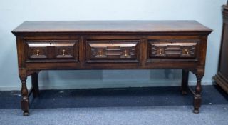 LATE SEVENTEENTH CENTURY OAK DRESSER, the moulded oblong top above three frieze drawers, each with